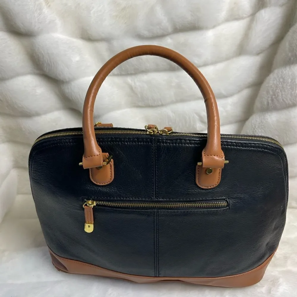 Joy & IMAN faux leather black and brown satchel bag with gold tone accen…